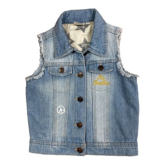 Junk Food Girls Size S Beatles Jean Button Down Denim Vest Size S Embroidery EUC - Picture 1 of 6